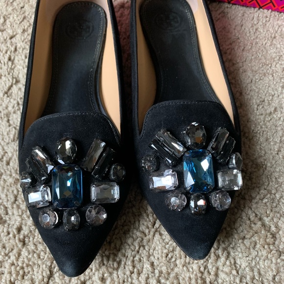 Tory Burch black suede flats with jeweled detailing - Picture 2 of 3